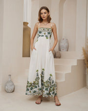 Tropical Palm Print Maxi with Shoe String Straps - Off White & Green