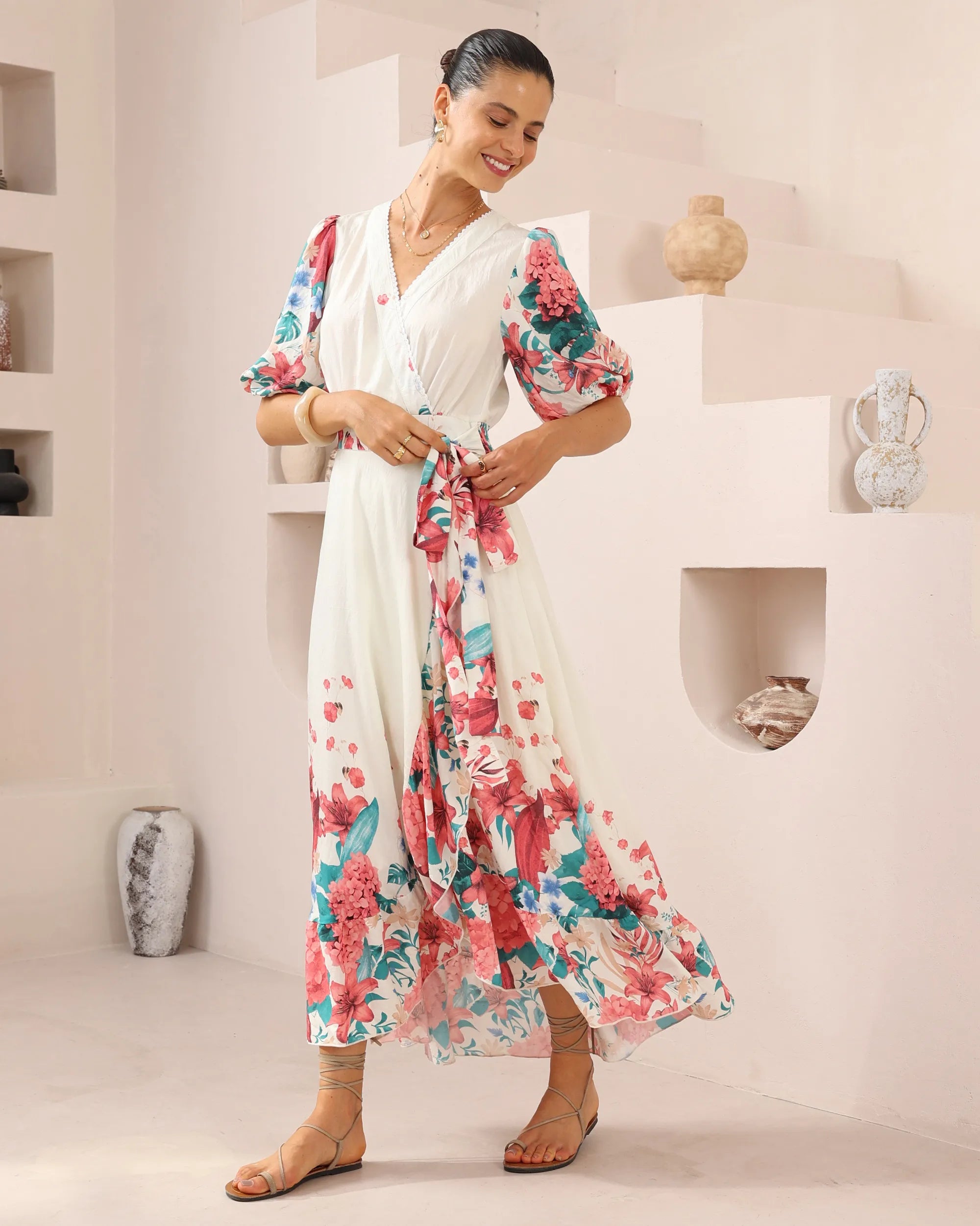 Floral Faux Wrap Dress with Bubble Sleeve