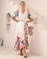 Floral Faux Wrap Dress with Bubble Sleeve