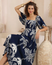 Tropical Palm & Monkey Maxi Dress – Navy Print