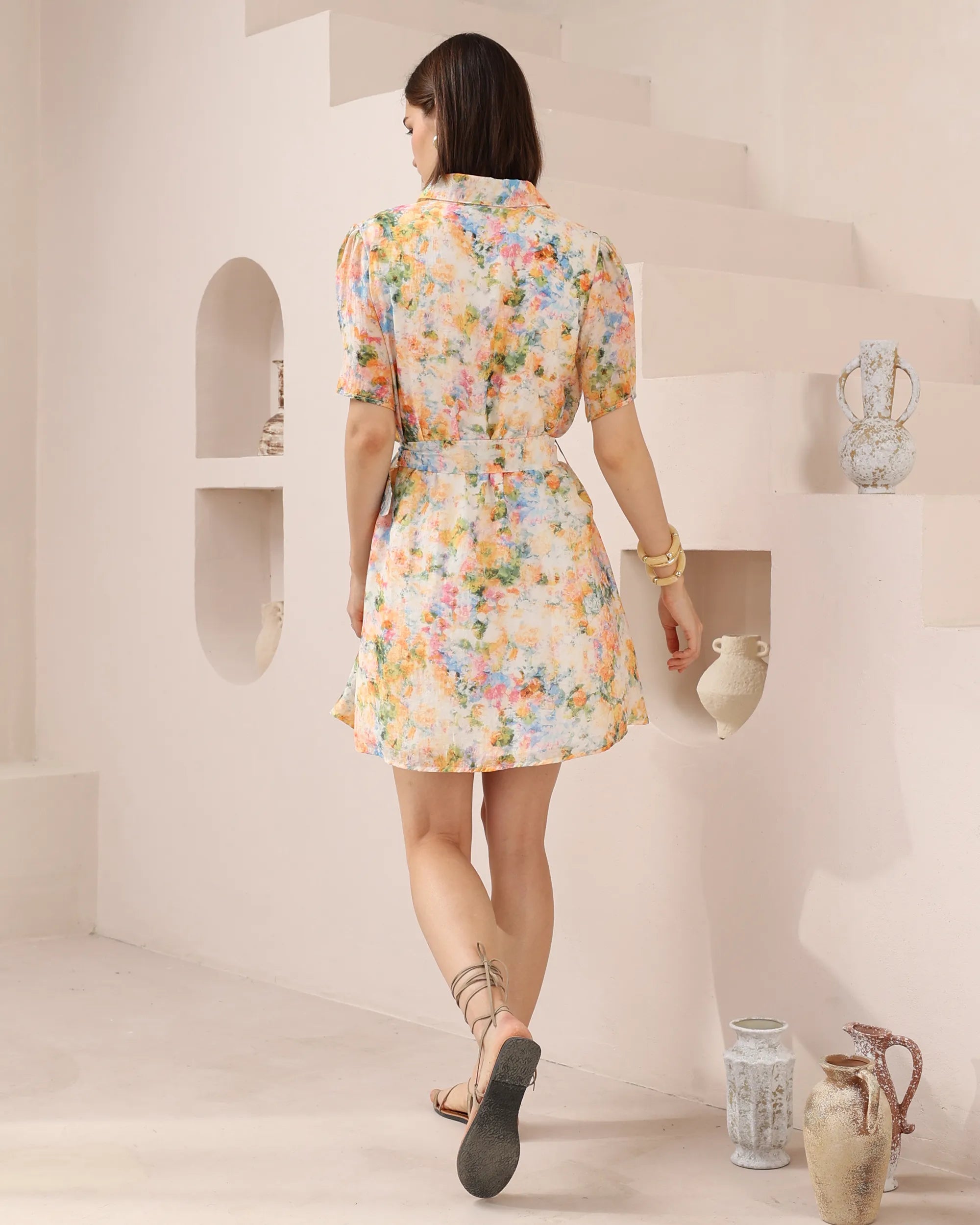 Short Yellow Lace Detail Dress – Abstract Floral