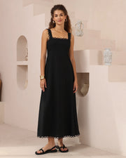 Black Cotton Loop Trim Maxi Dress