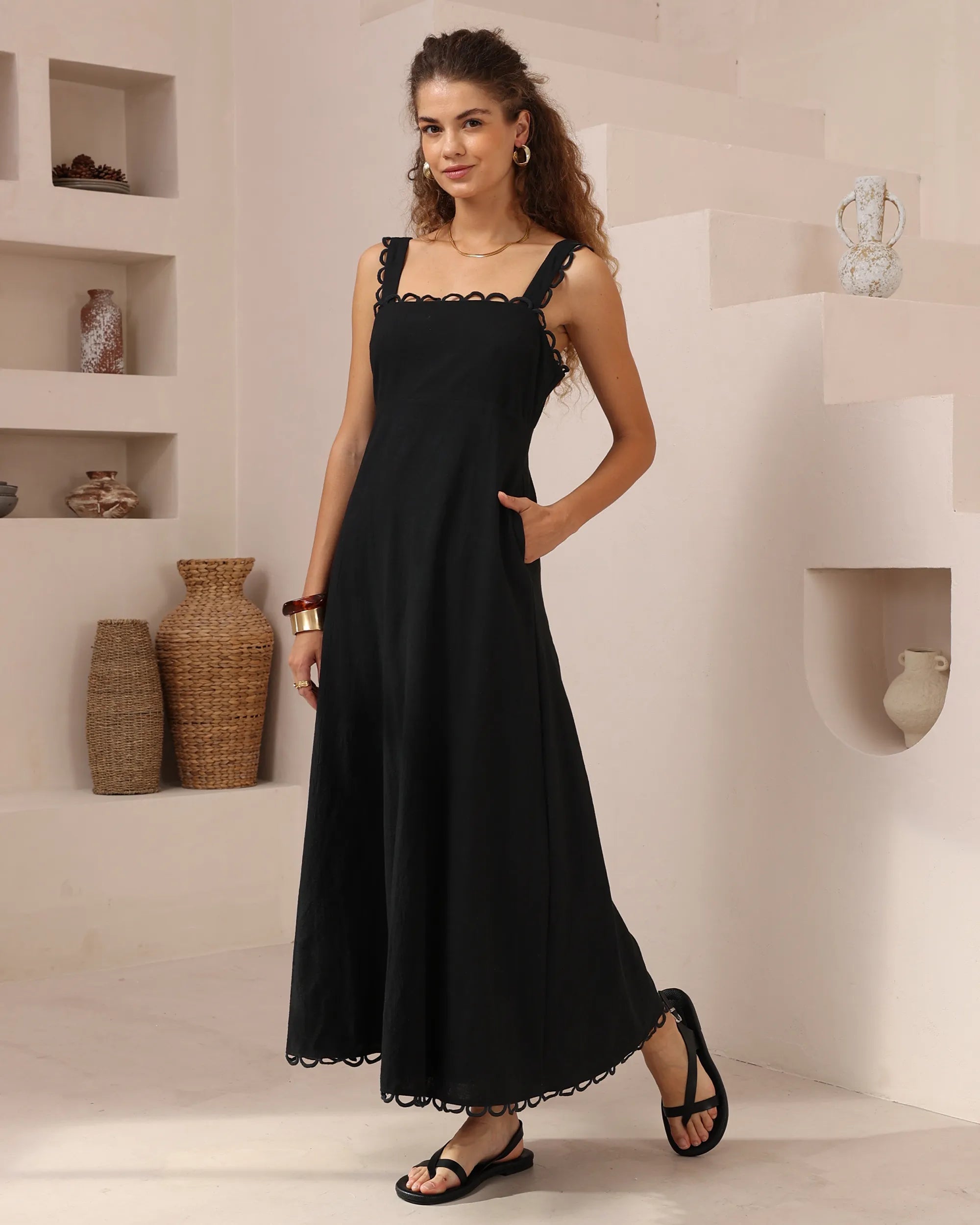 Black Cotton Loop Trim Maxi Dress