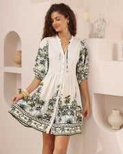 Tropical Palm Print Babydoll Dress - Off White & Green