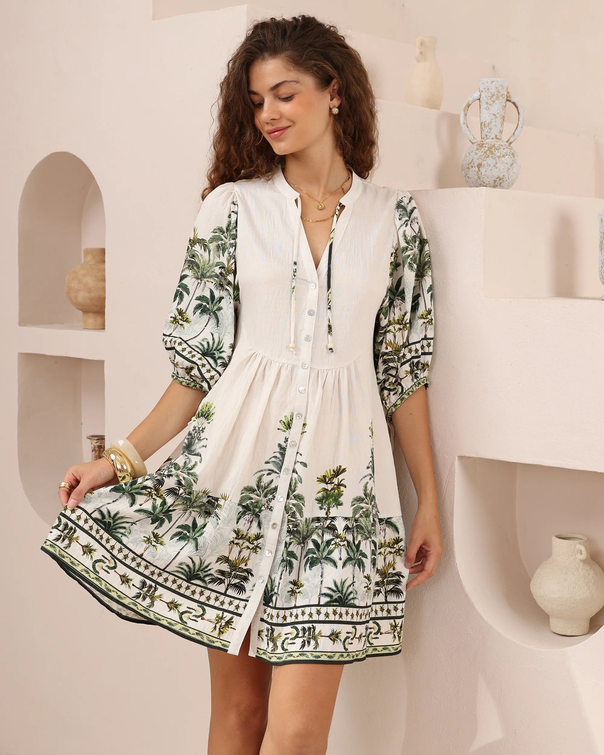 Tropical Palm Print Babydoll Dress - Off White & Green