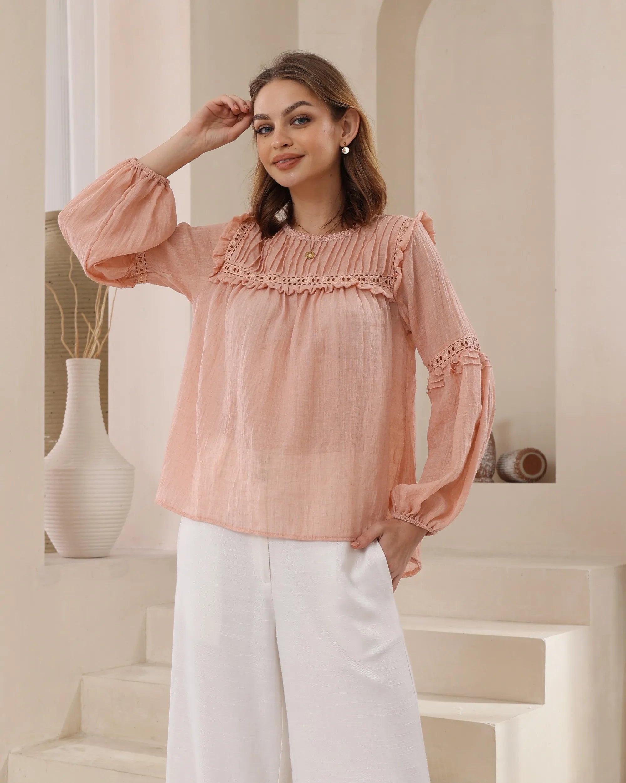 Camille Lace Detail Top – Peach