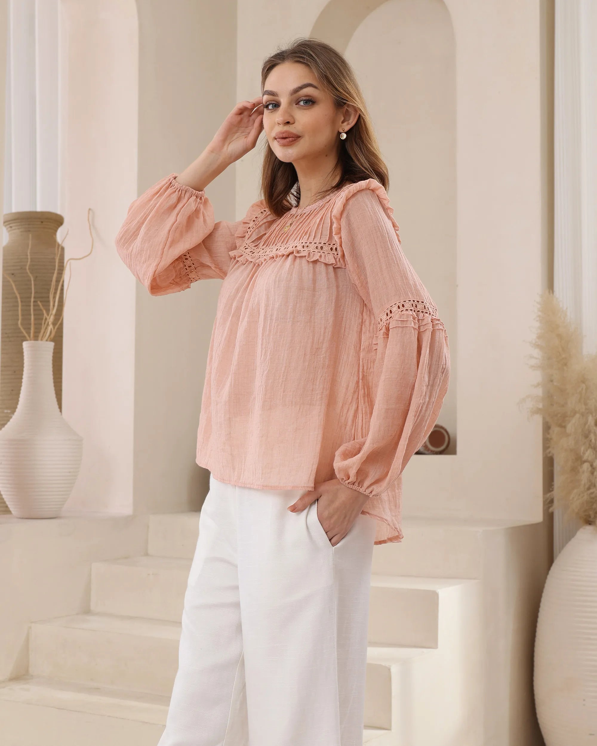 Camille Lace Detail Top – Peach