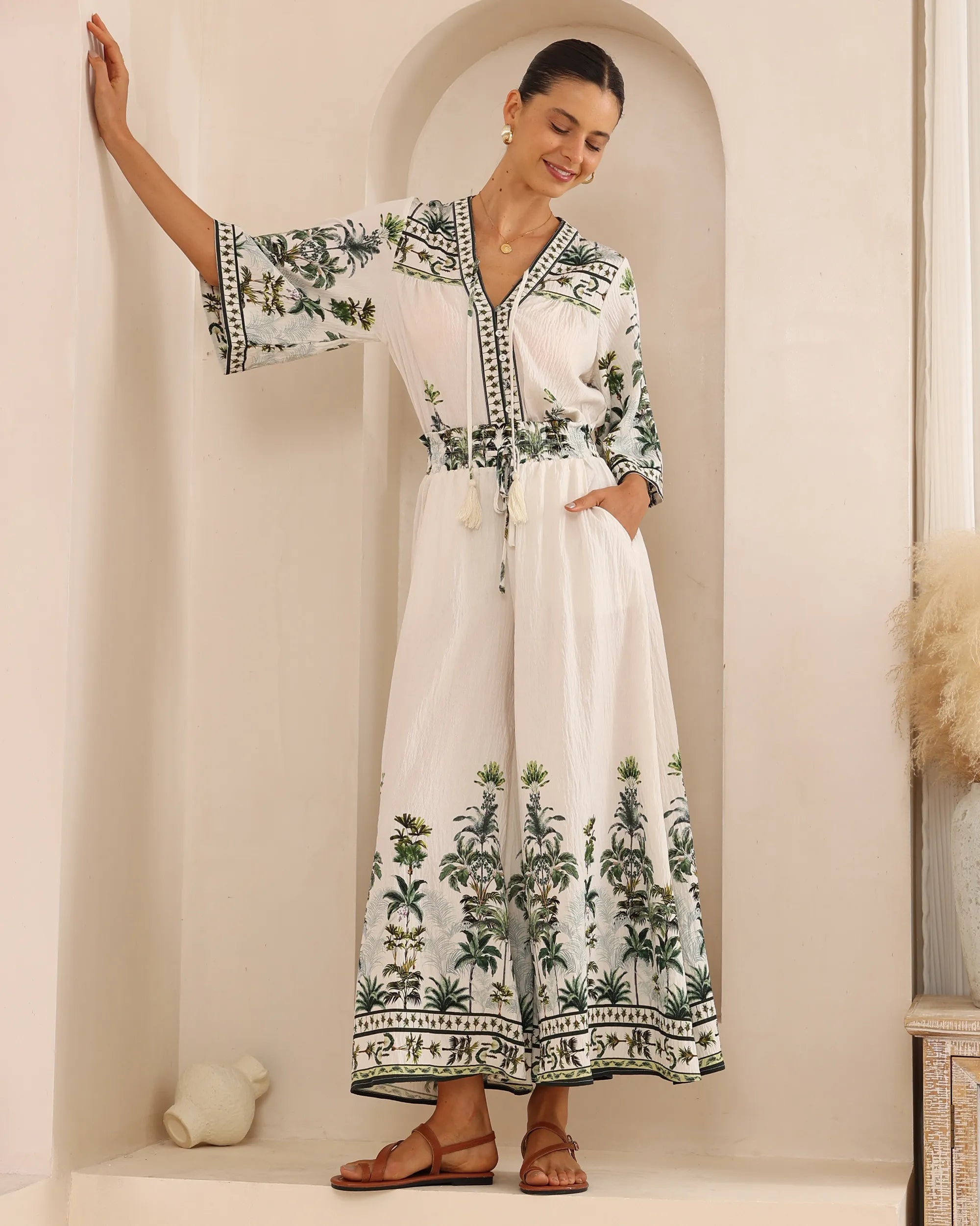 Tropical Palm Button-Up Top - Off White & Green