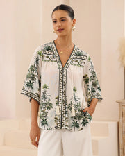 Tropical Palm Button-Up Top - Off White & Green