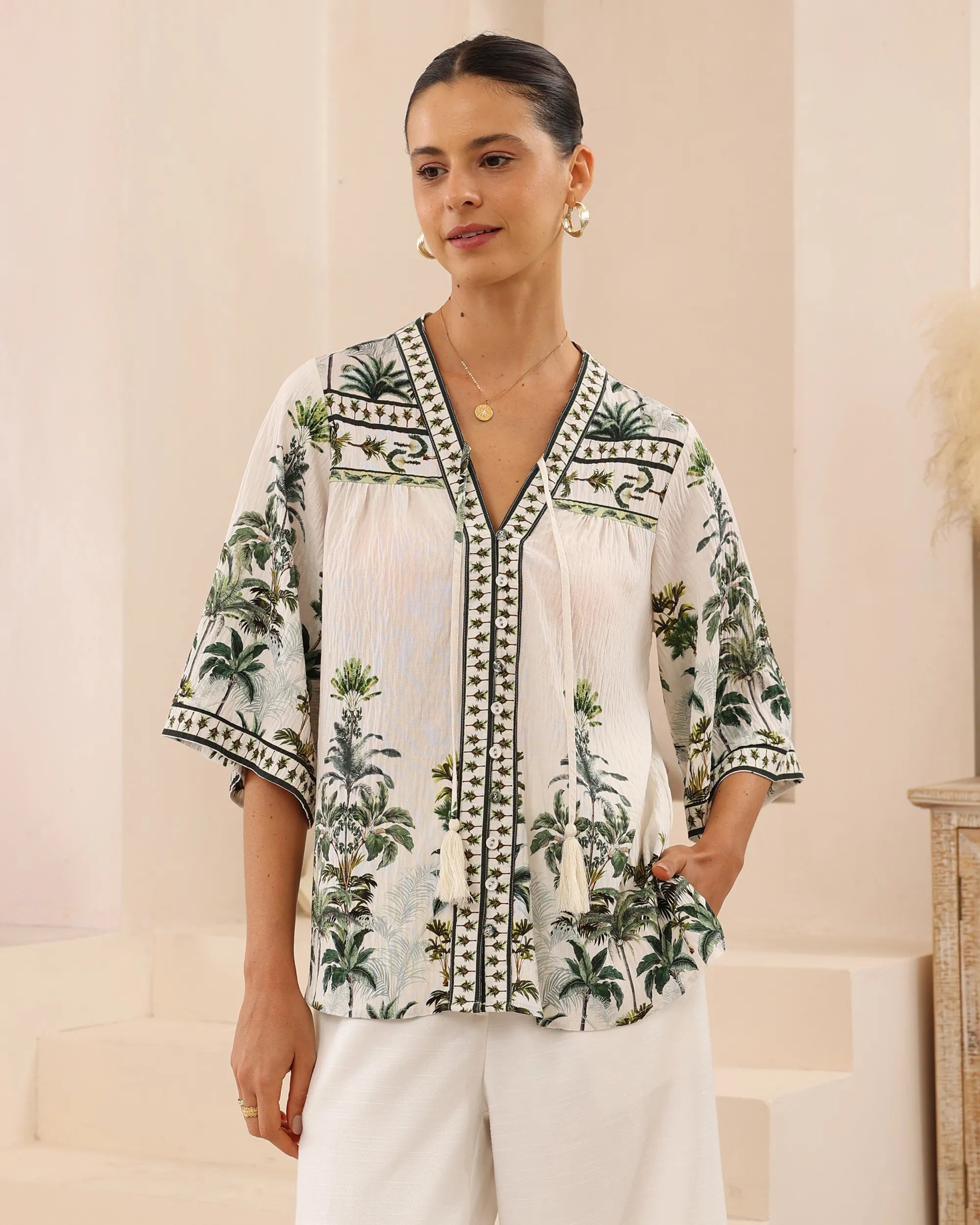Tropical Palm Button-Up Top - Off White & Green