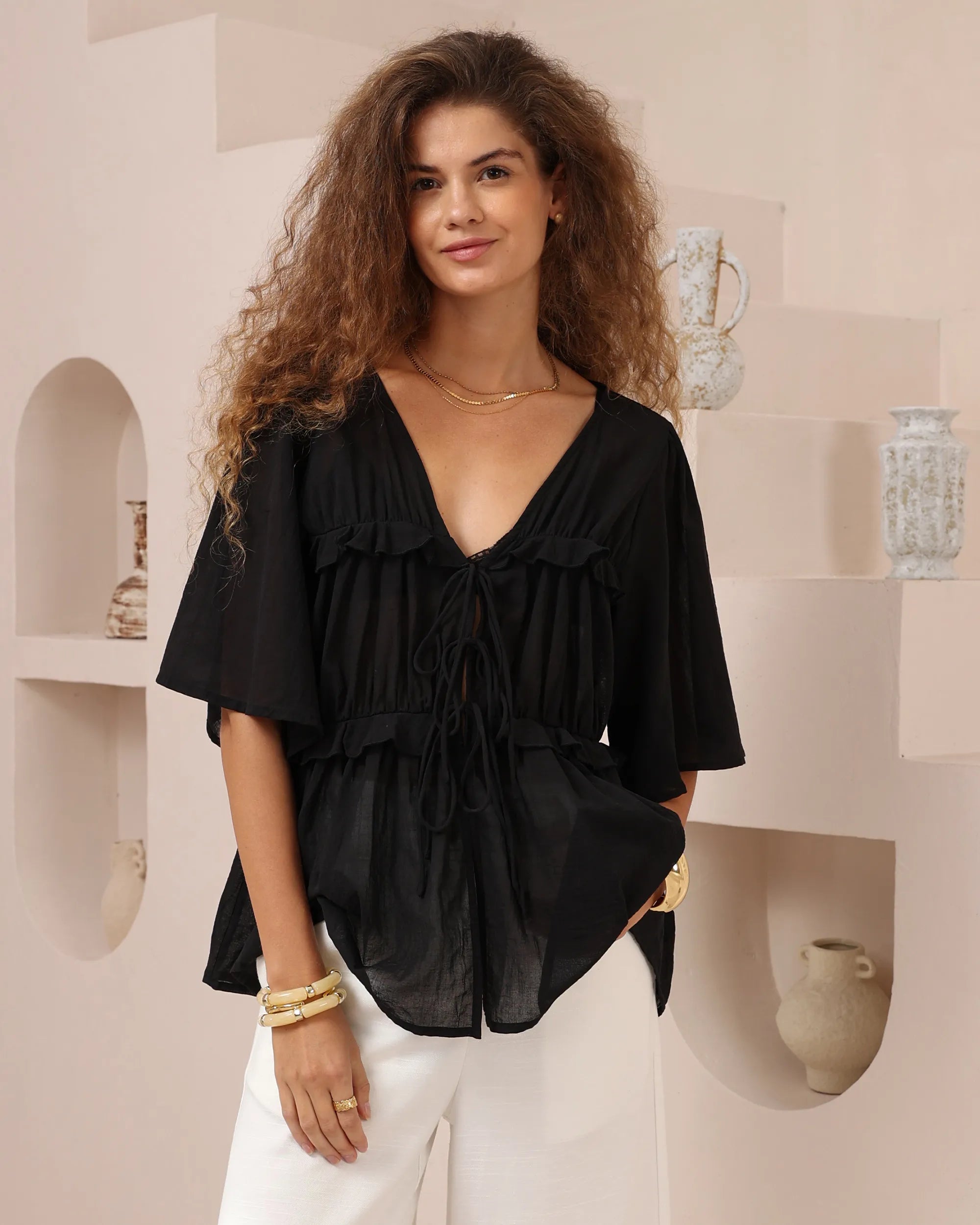 Layered Cotton Tie Front Blouse