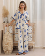 Blue Paisley Floral Pleat Front Top