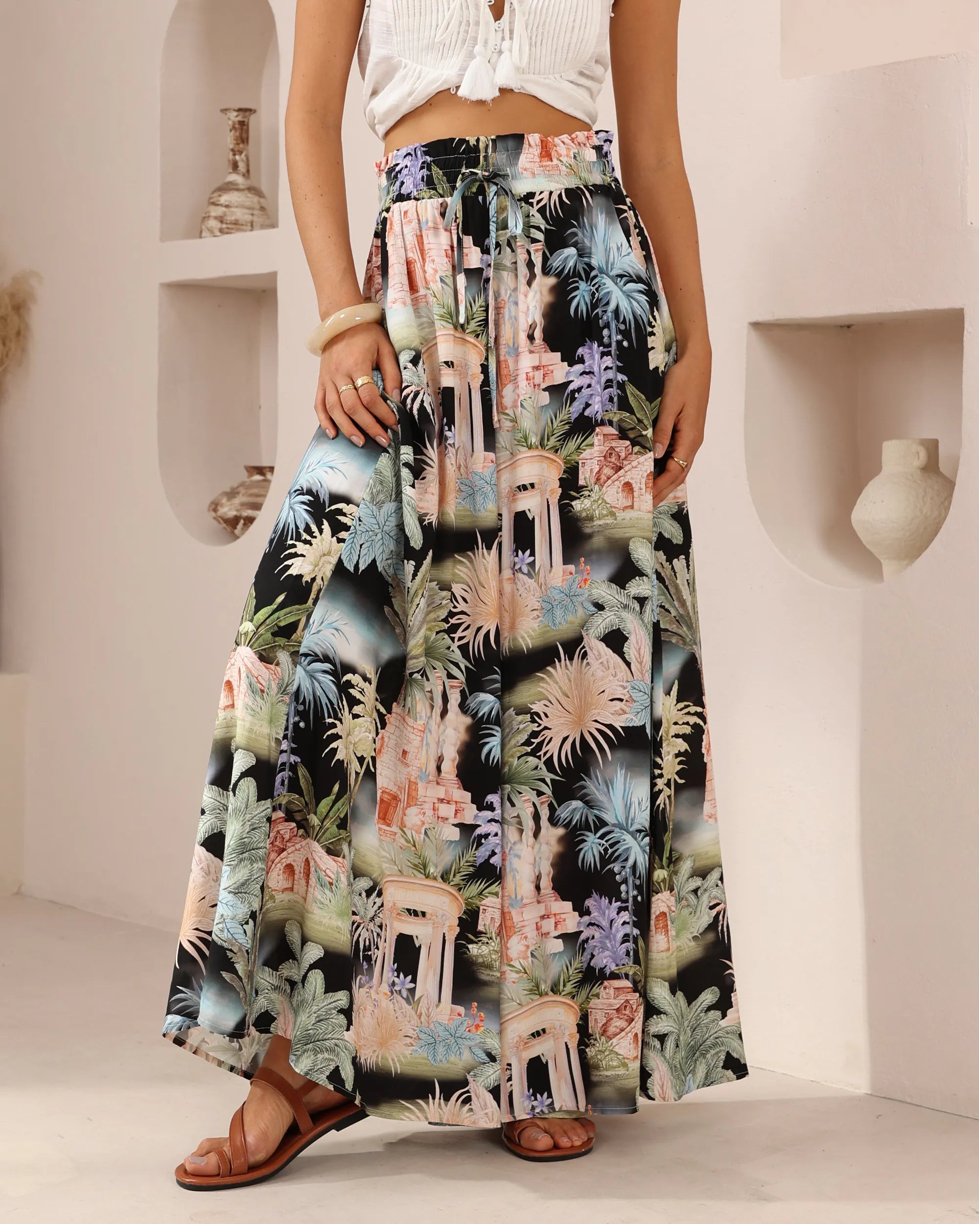 Tropical wide leg palazzo-style pants