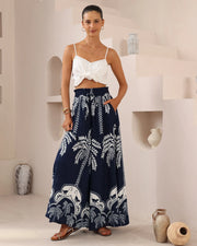 Tropical Palm Monkey Print Wide-Leg Pants