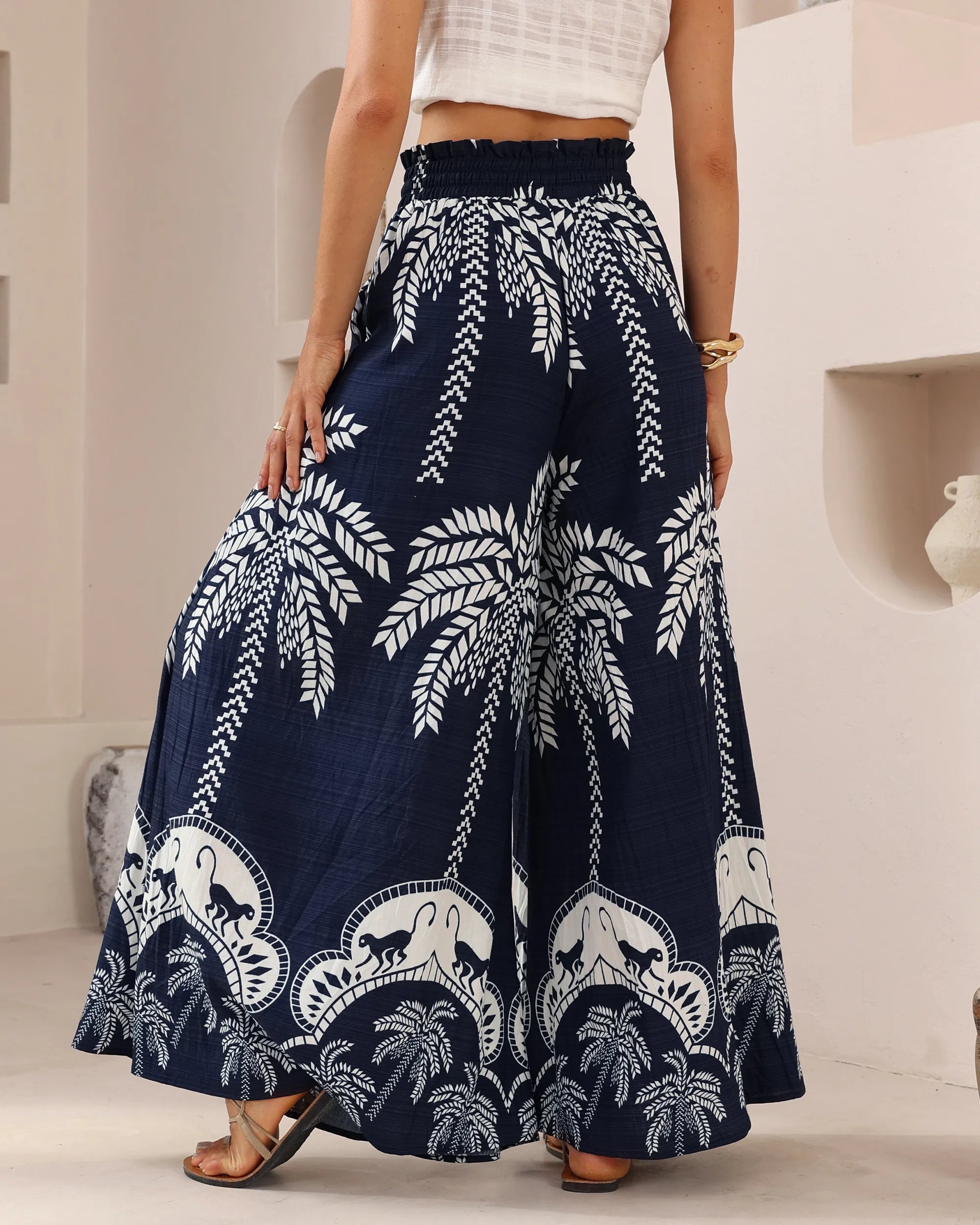 Tropical Palm Monkey Print Wide-Leg Pants