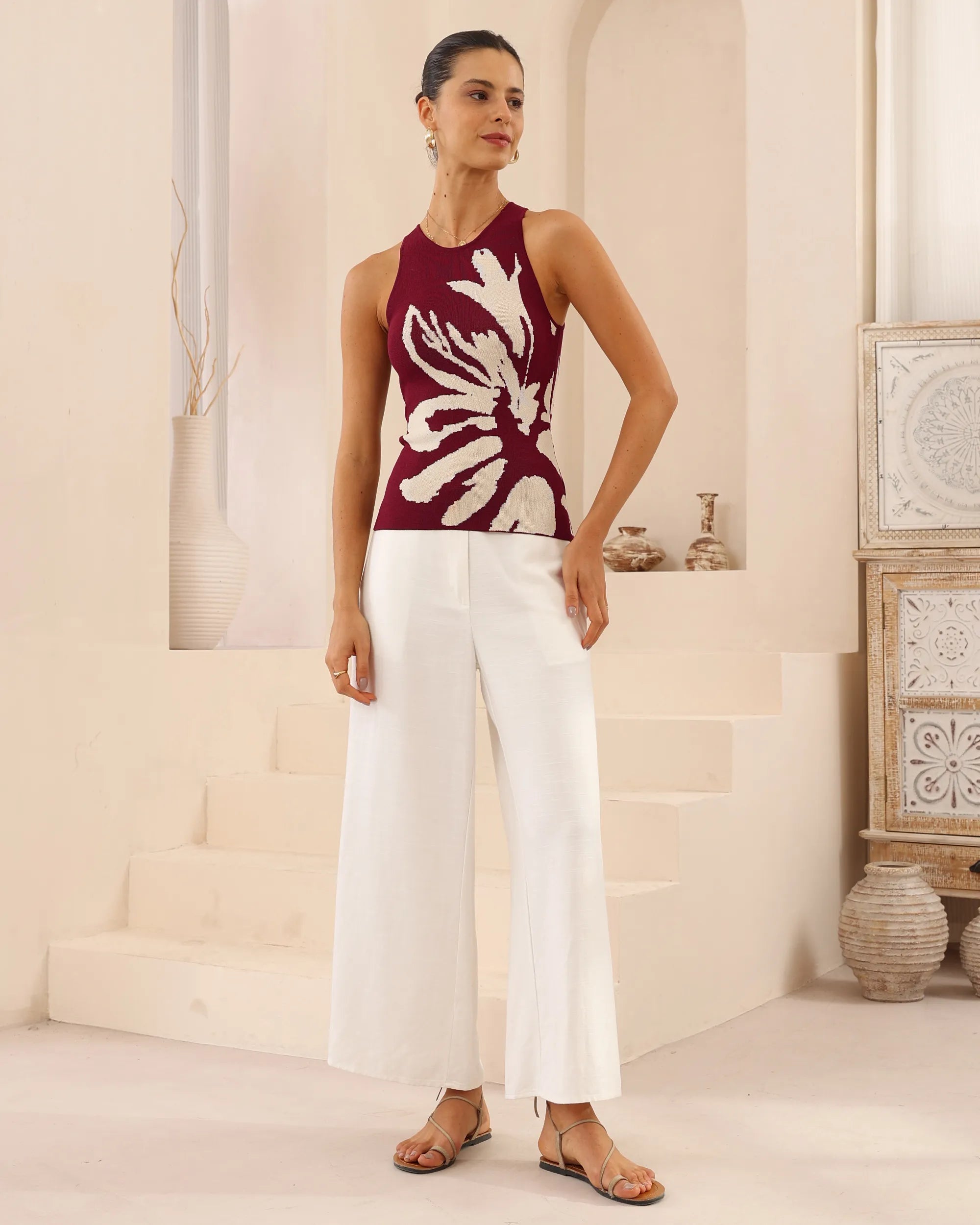 Wine Knit floral Short Sleeve Singlet Top