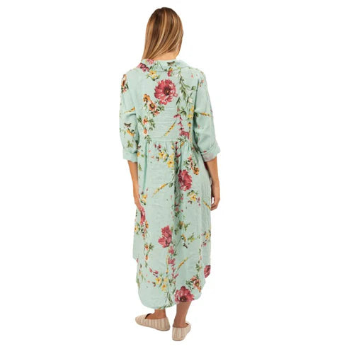 Aqua Italian Linen Floral Dress