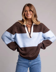 Candice Knit Crew Coffee/Blue