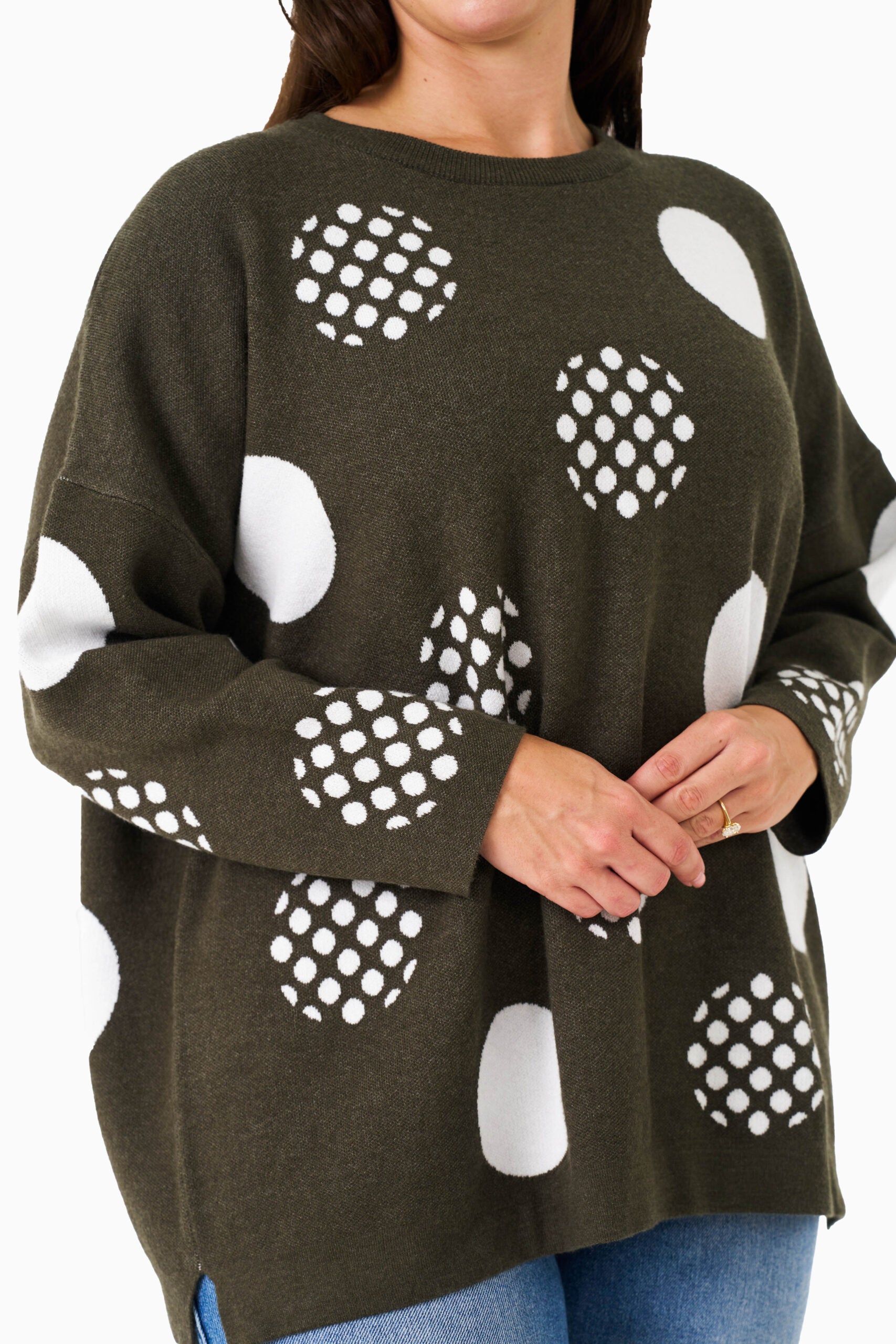 ALANNAH KNIT TOP KAHKI WHITE DOT