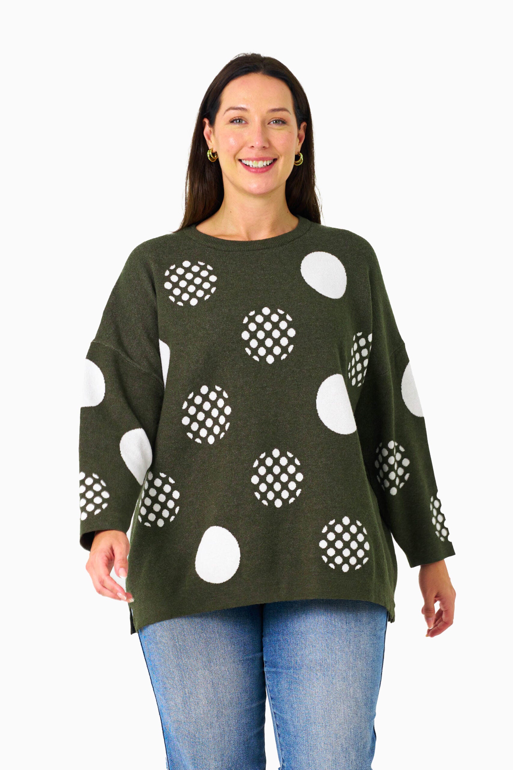 ALANNAH KNIT TOP KAHKI WHITE DOT