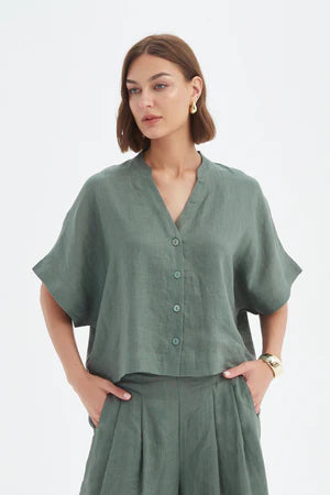 Boxy Button Linen Top