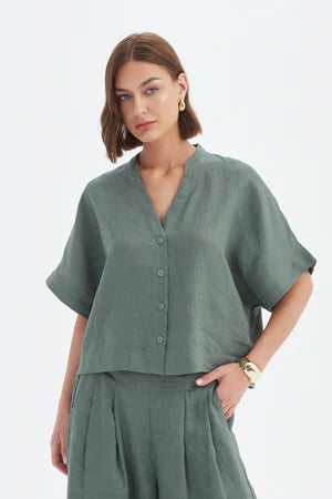Boxy Button Linen Top