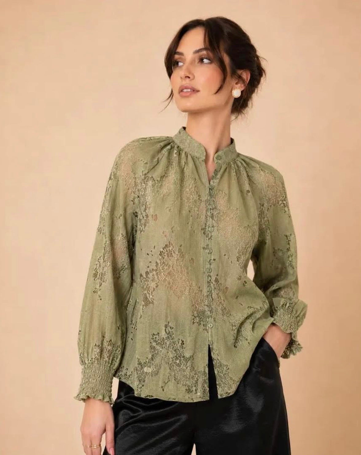 Vintage Floral Lace Long Sleeve Top - Khaki
