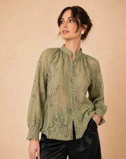 Vintage Floral Lace Long Sleeve Top - Khaki