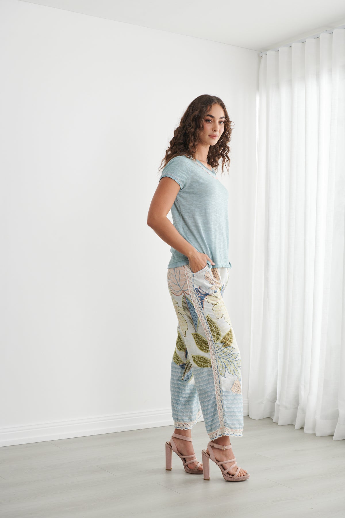 Caju Womens Round Neck Tee w/Hand Stitchwork - CZ1201 - Blue