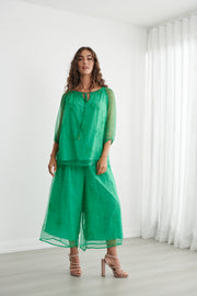 Sheer Vine Print Blouse with Beaded Tie - CZ1271 - Emerald Green