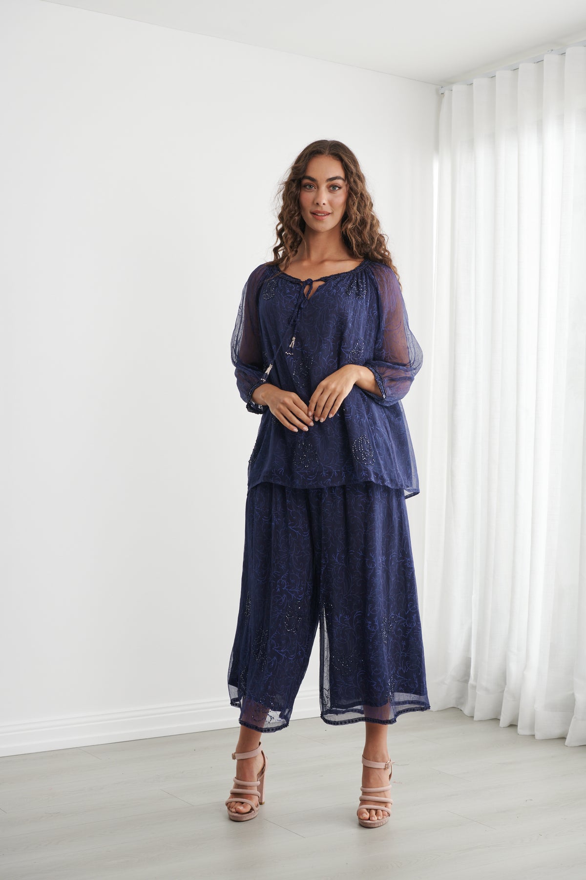 Sheer Vine Print Blouse with Beaded Tie - CZ1271 - Midnight