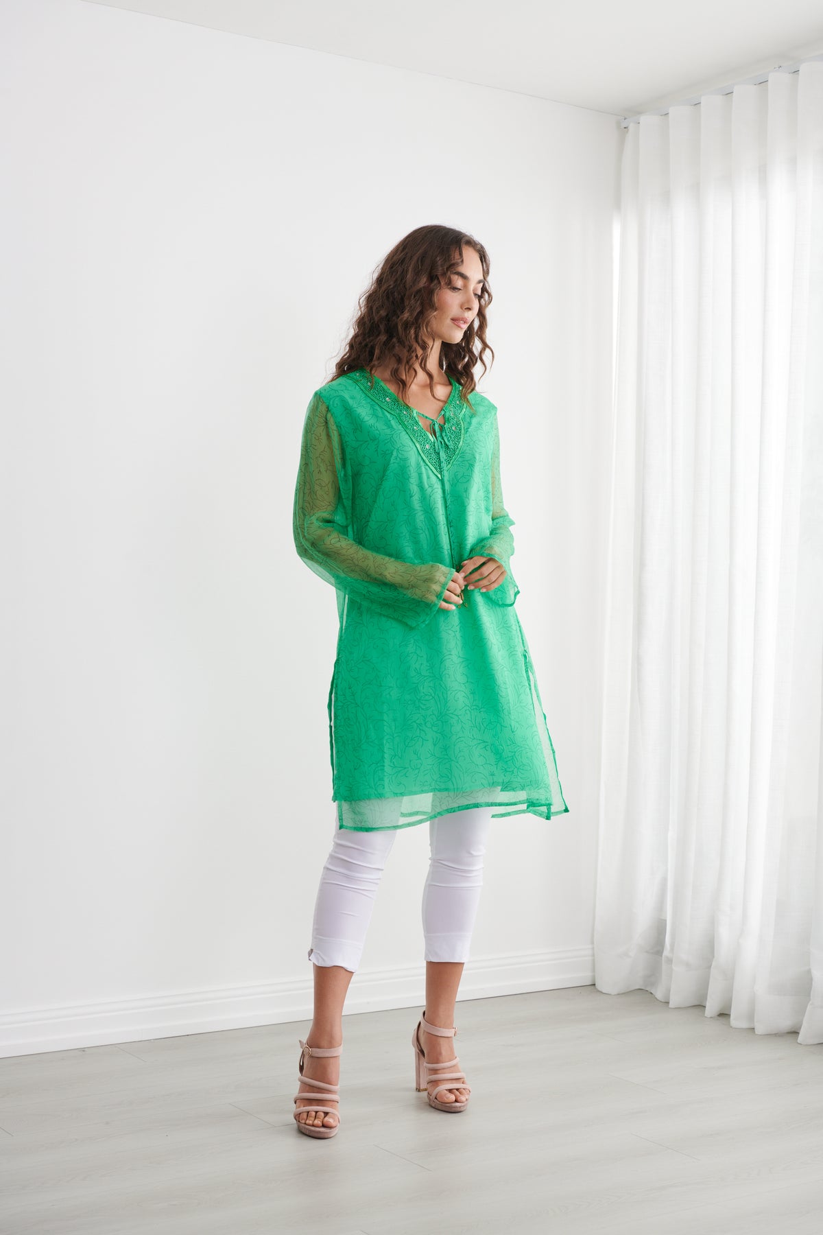Sheer Vine Print Tunic with Shirred Waist - CZ1272 -Emerald Green