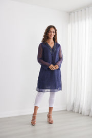 Sheer Vine Print Tunic with Shirred Waist - CZ1272 - Midnight