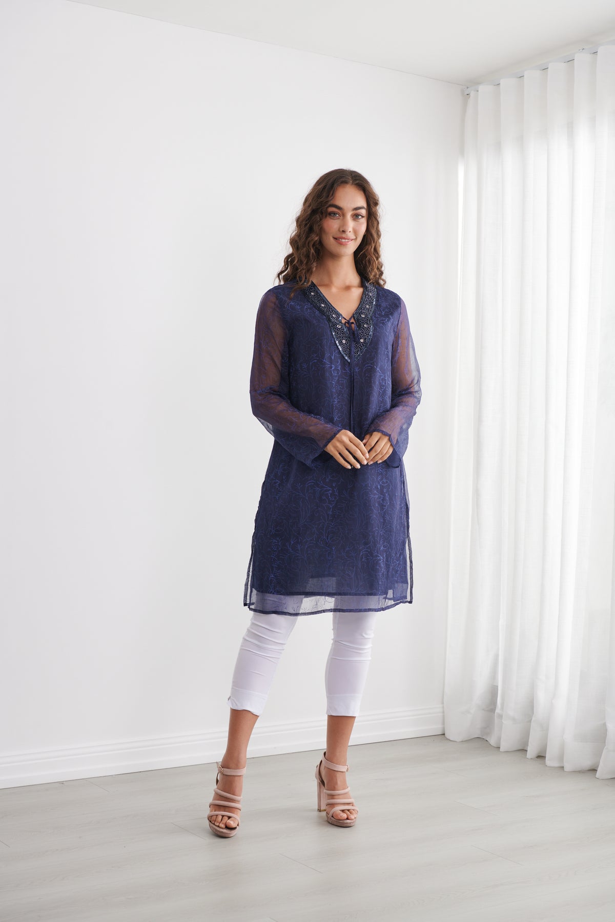 Sheer Vine Print Tunic with Shirred Waist - CZ1272 - Midnight