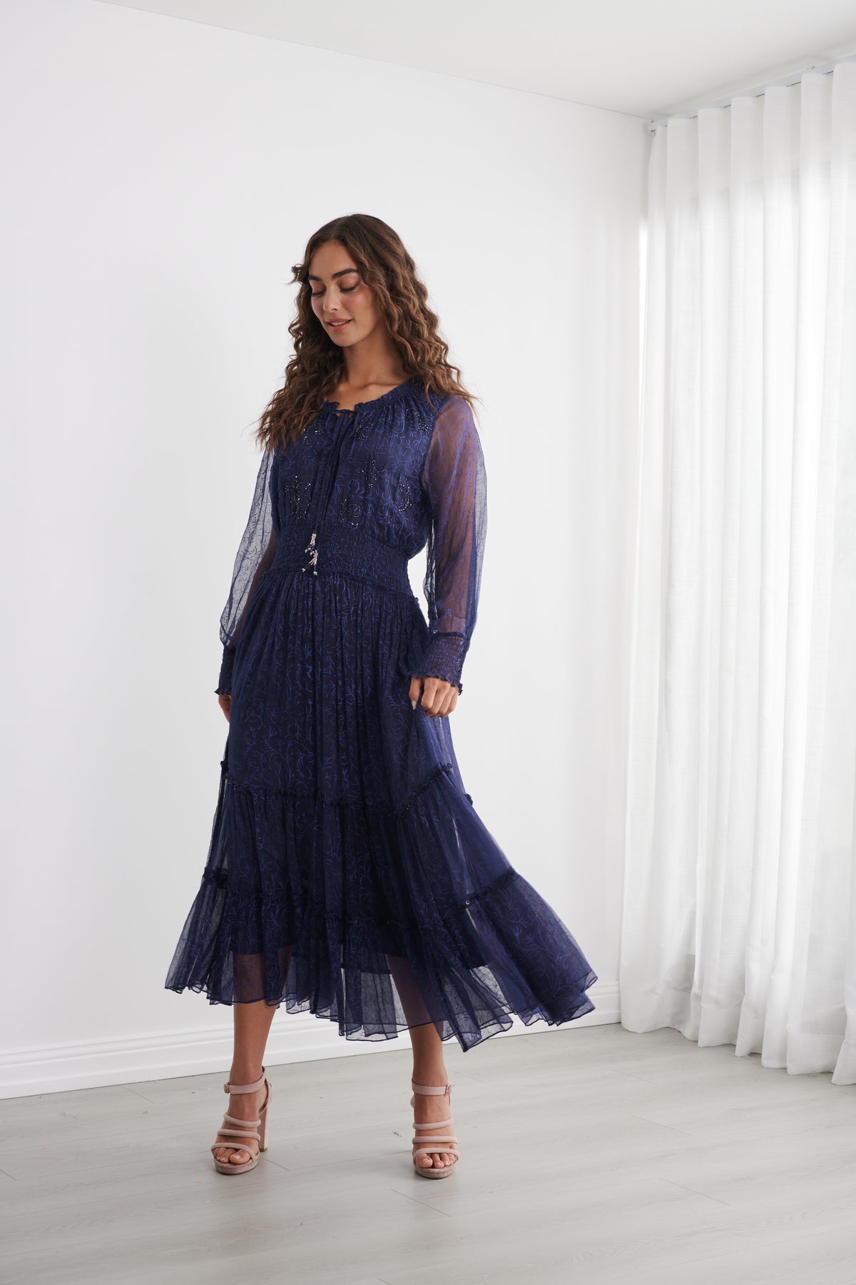 Sheer Vine Print Maxi Dress - CZ1273 - Midnight