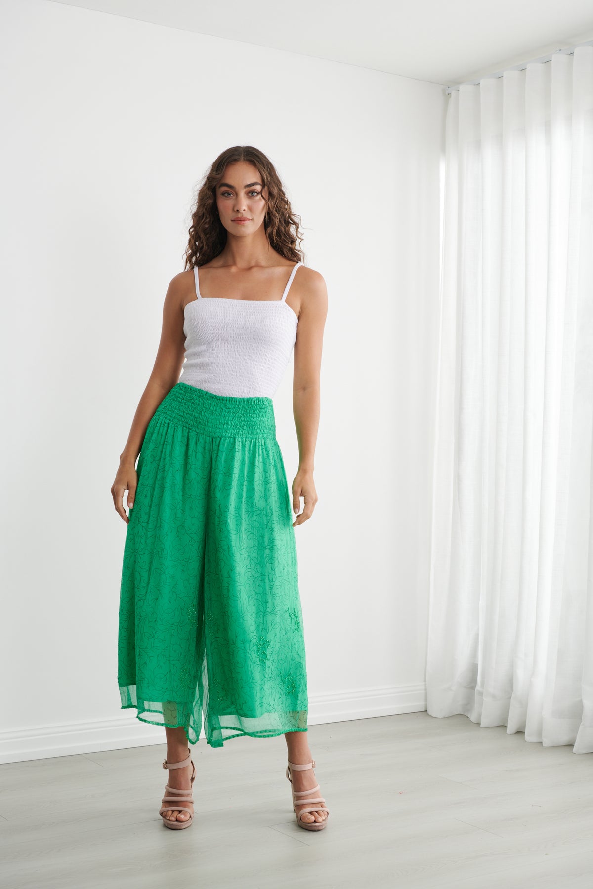 Sheer Vine Print Pant with Shirred Waist - CZ1277 - Emerald Green