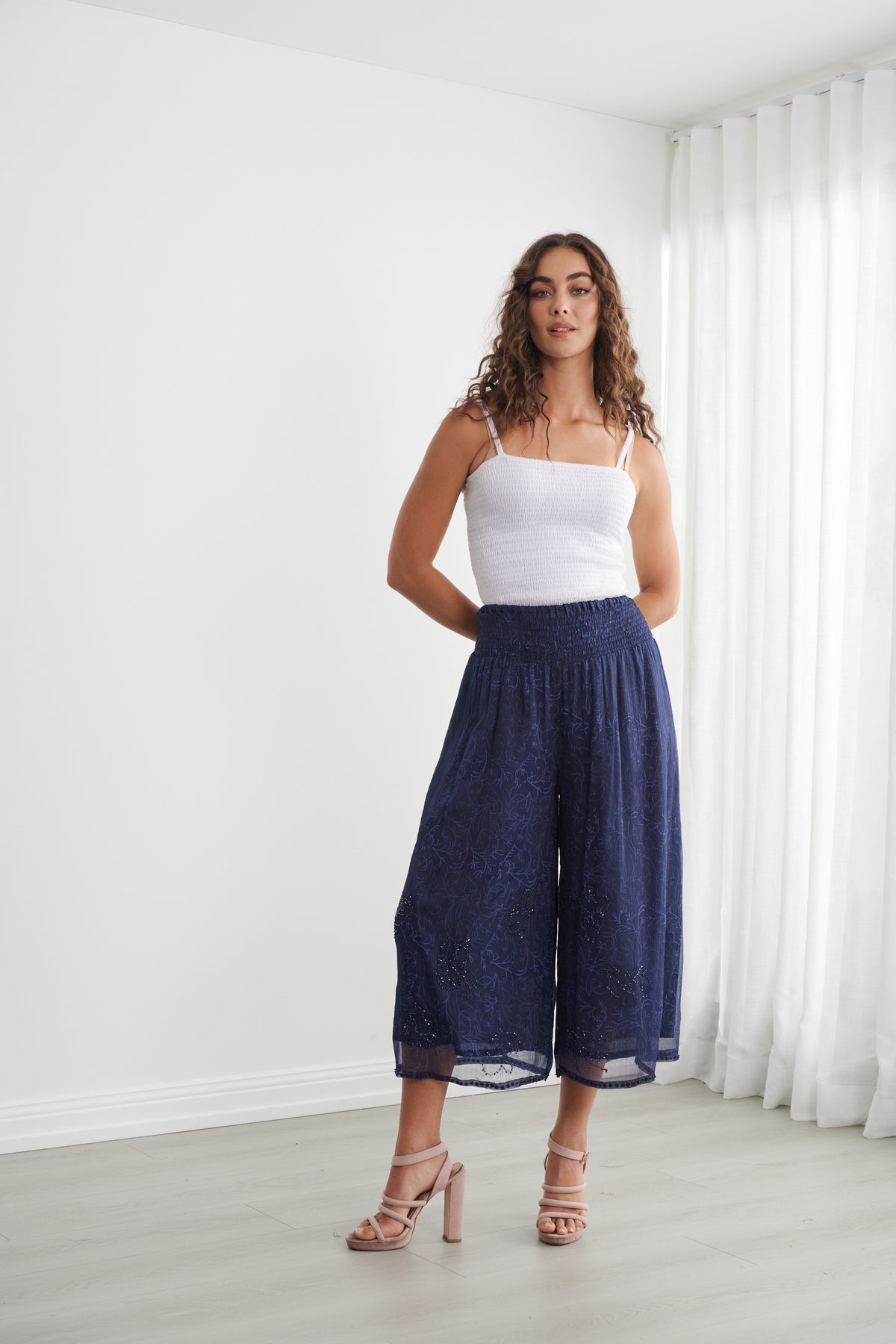Sheer Vine Print Pant with Shirred Waist - CZ1277 - Midnight