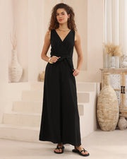 V-Neck Wide-Leg Jumpsuit – Elastic Waist & Tie Detail