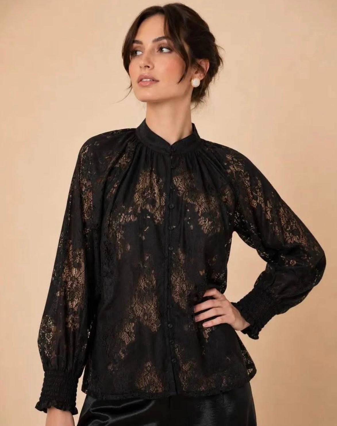 Vintage Floral Lace Long Sleeve Top - Black
