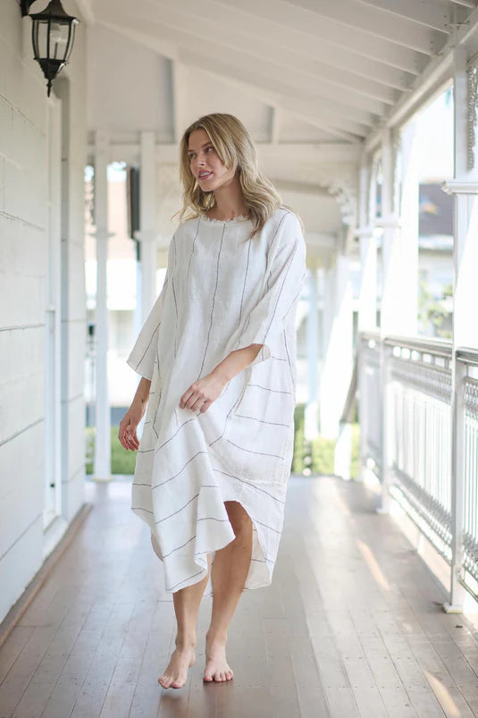 The Carter Malle Linen Dress - White w/ Charcoal Fine Stripe