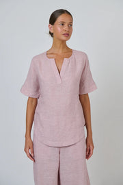 Linen V Kneck Short Sleeve Top in Radish - GA718