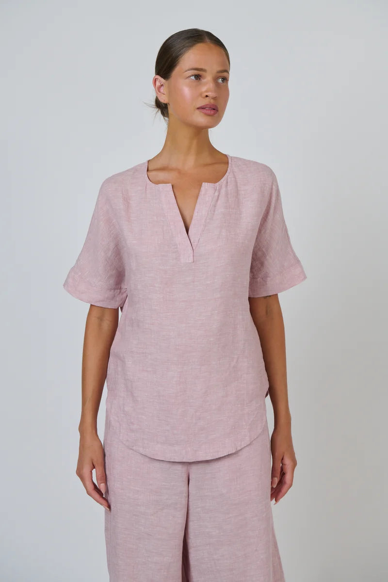 Linen V Kneck Short Sleeve Top in Radish - GA718