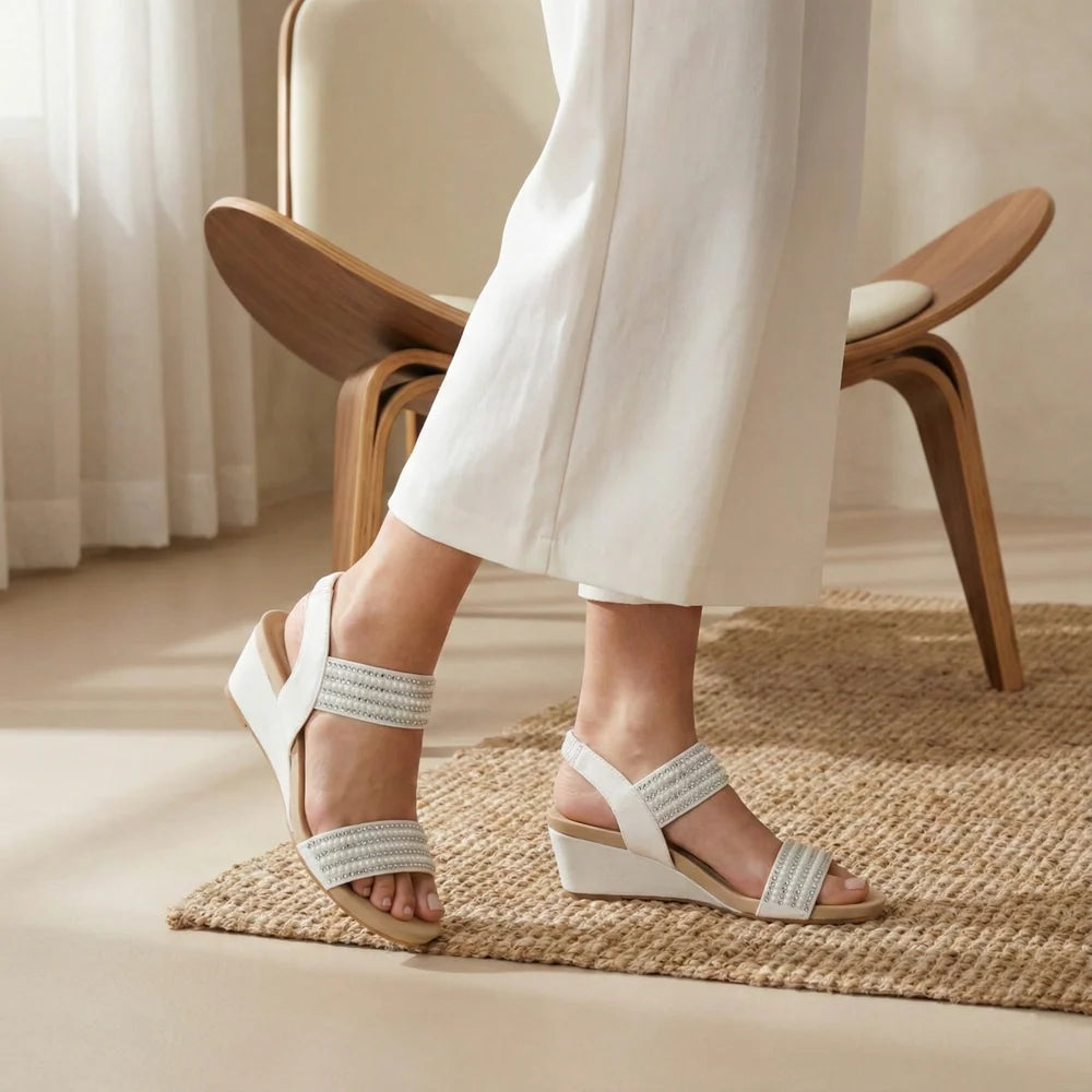Elara White Embellished Wedge Sandal