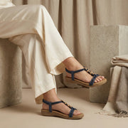 Calista Navy Beaded Elastic Strap Sandal
