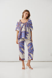 Lilac Palms Blouse with Gathered Round Neck