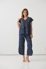 Geo Bud Print Blouse with hand Smocking