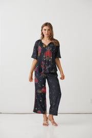 Mystic Hearts Print Blouse with Tassel Ties