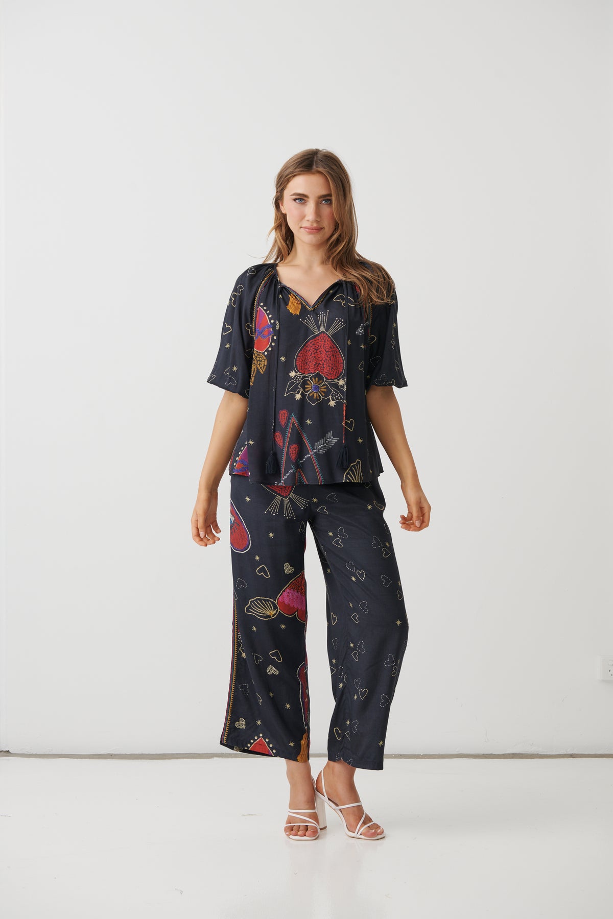 Mystic Hearts Print Blouse with Tassel Ties