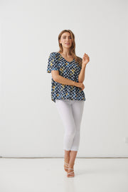 Printed V-Neck Top with Side Split Detail
