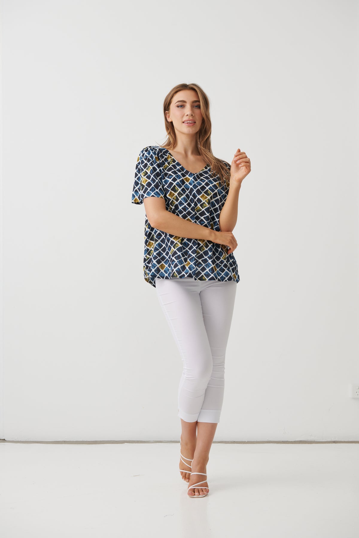 Printed V-Neck Top with Side Split Detail